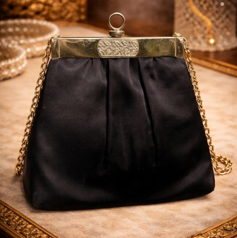 VINTAGE 50S ANDE BLACK SATIN EVENING CLUTCH GOLD FRAME COCKTAIL BAG MID CENTURY